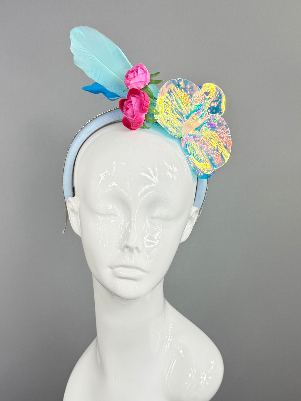 Kentucky Derby Fascinator Hat |Blue, pink, and iridescent Headpiece, created by a 6 year old | Derbyologie