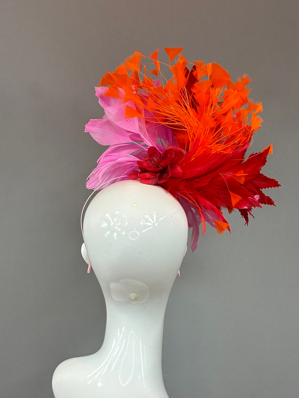 Kentucky Derby Fascinator Hat | Orange, pink, and red feathered Headband Hat | Derbyologie