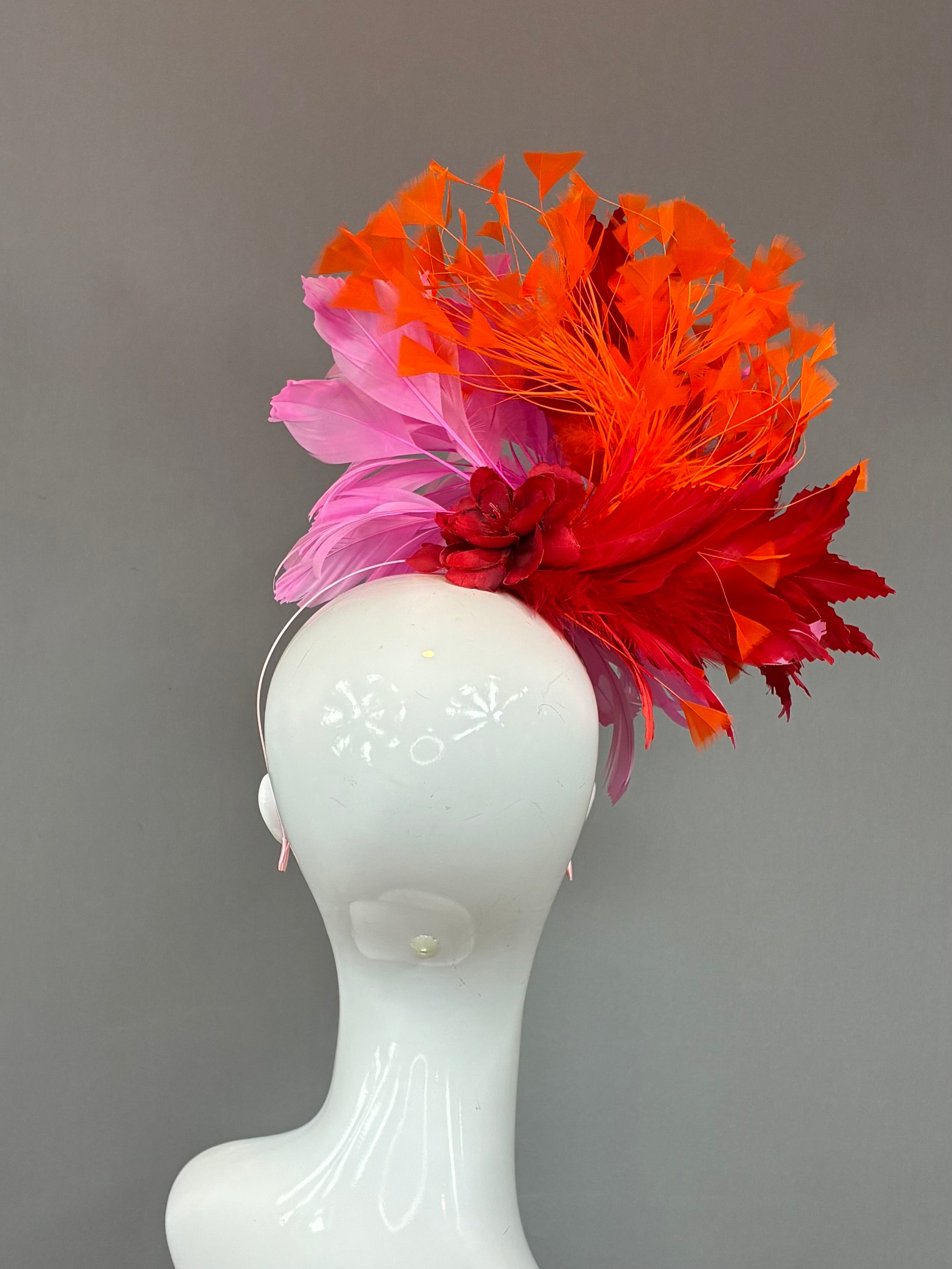 Kentucky Derby Fascinator Hat | Orange, pink, and red feathered Headband Hat | Derbyologie