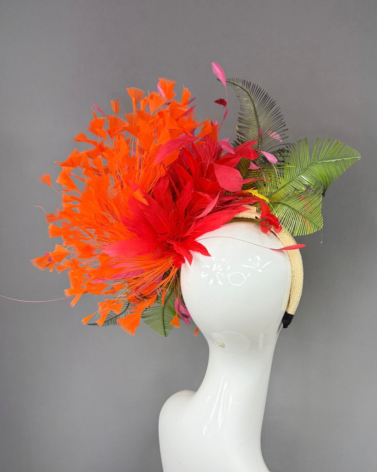 Kentucky Derby Fascinator Hat | Yellow dahlias, pink and orange feathers Headpiece | Derbyologie