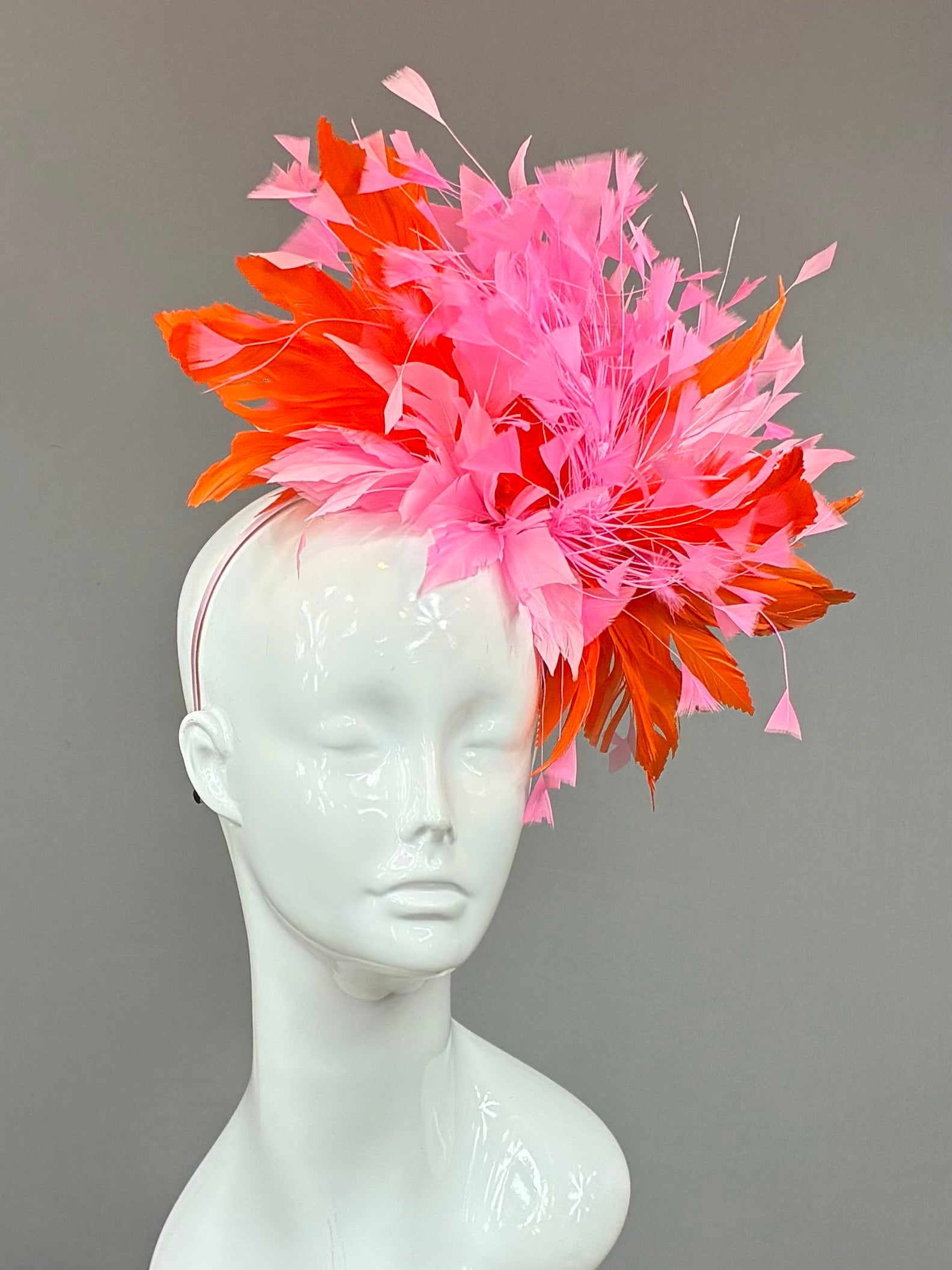 Kentucky Derby Fascinator Hat | Orange and pink feathered Headband Hat | Derbyologie