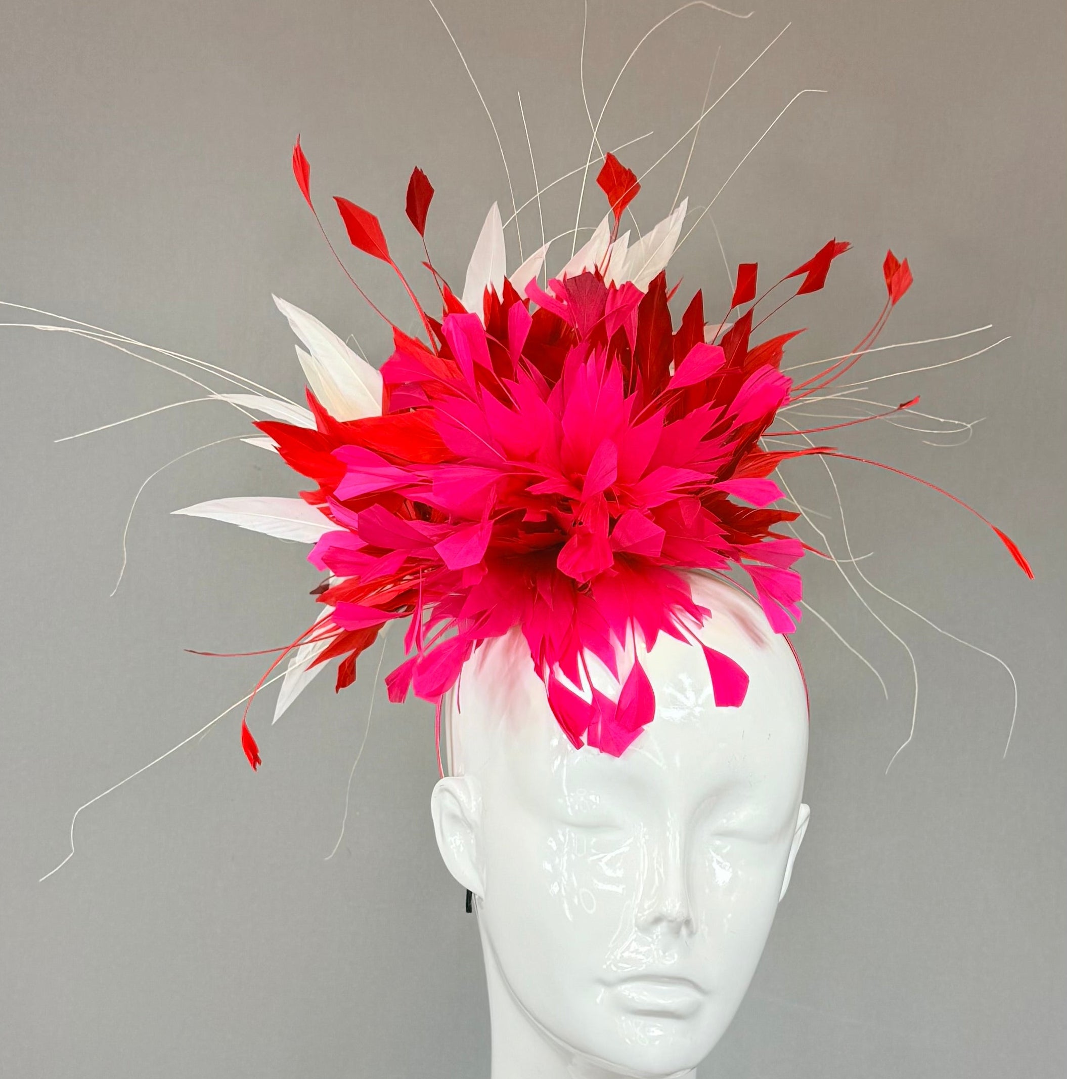 Kentucky Derby Fascinator Hat | fuchsia, red, and white feathered Headband Hat | Derbyologie