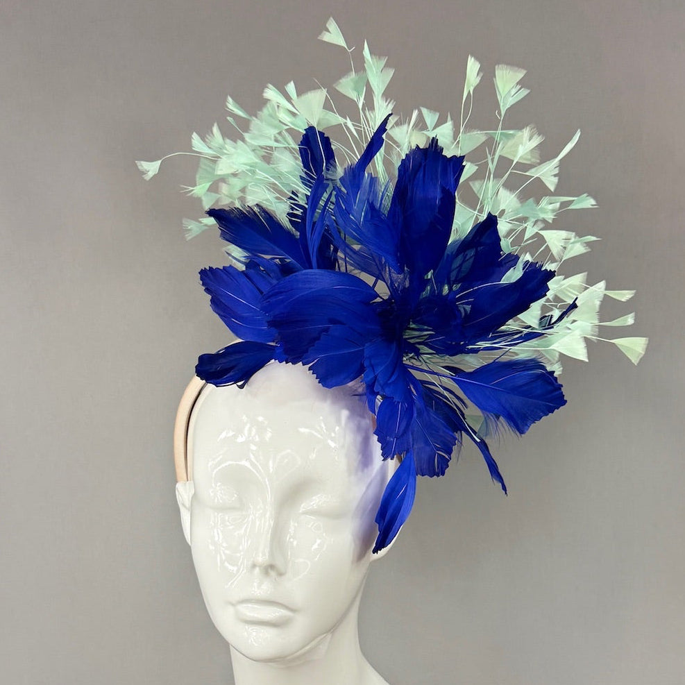 Kentucky Derby Fascinator Hat | Navy and mint green feathered Headpiece | Derbyologie