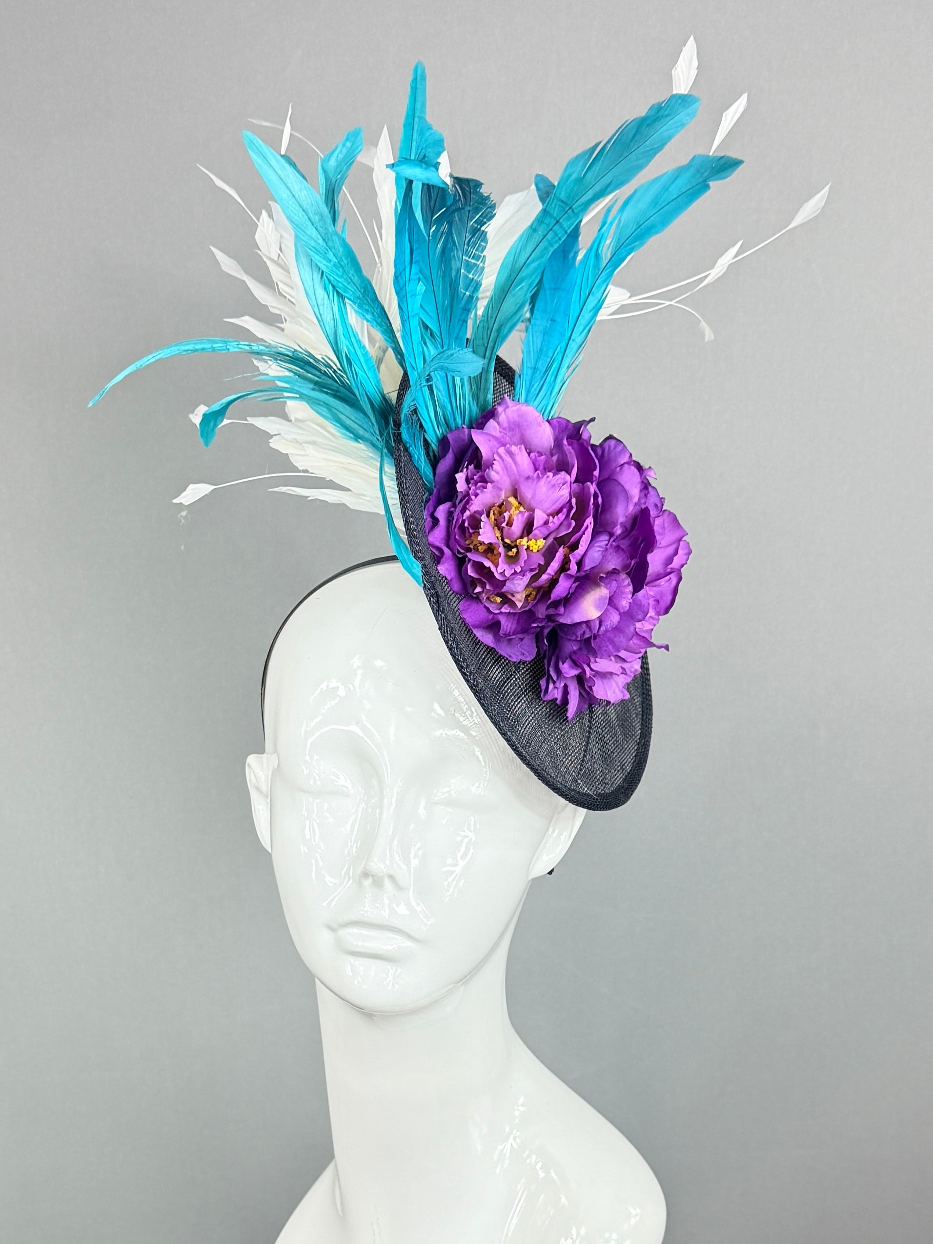 Kentucky Derby Fascinator Hat | Purple, white, teal, and black Headpiece | Derbyologie