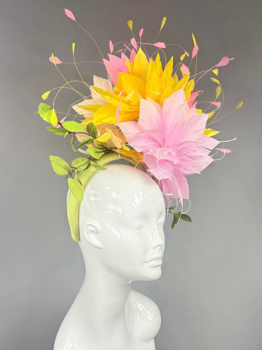 Kentucky Derby Fascinator Hat |  Pink and yellow feathers and leaves Headpiece | Derbyologie