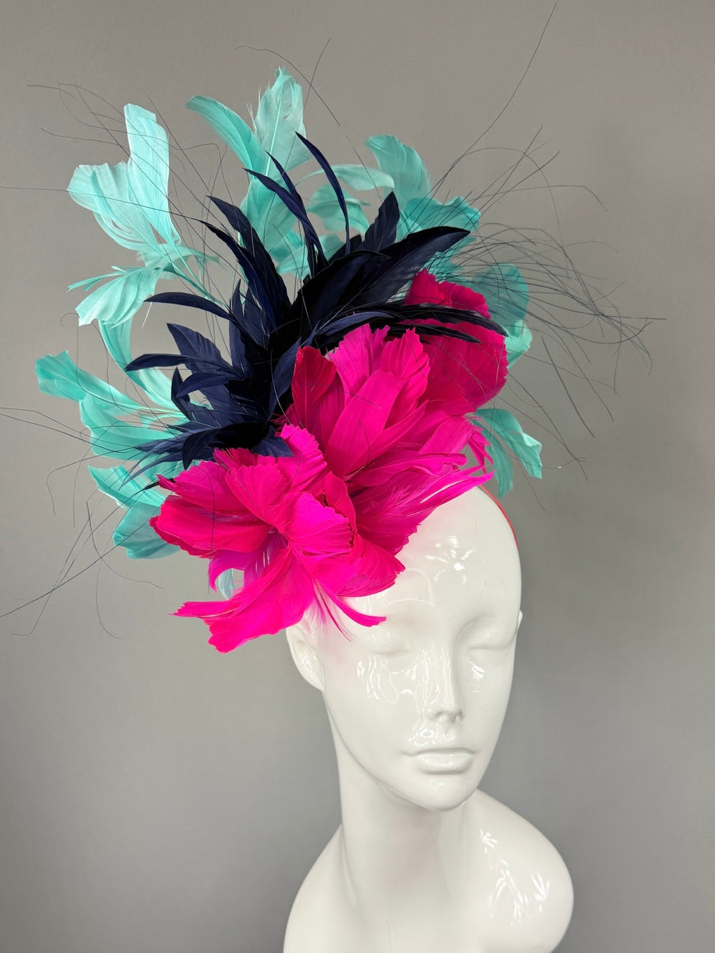 Kentucky Derby Fascinator Hat | Pink, navy, and teal feathered Headpiece | Derbyologie
