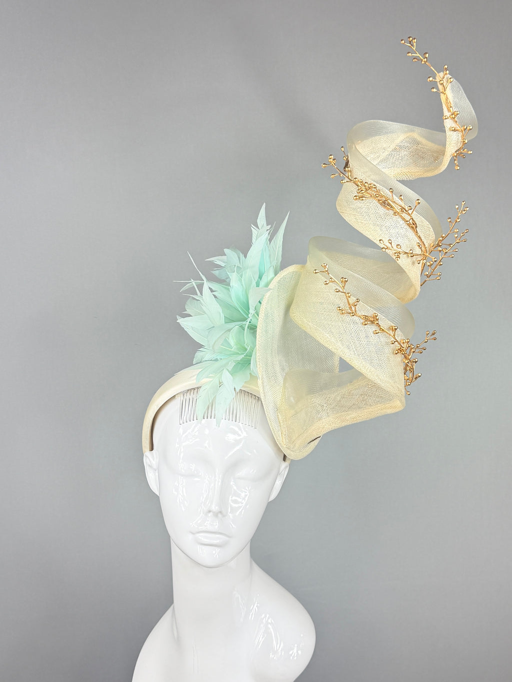 Kentucky Derby Fascinator Hat | Cream, gold, mint Headband Hat | Derbyologie