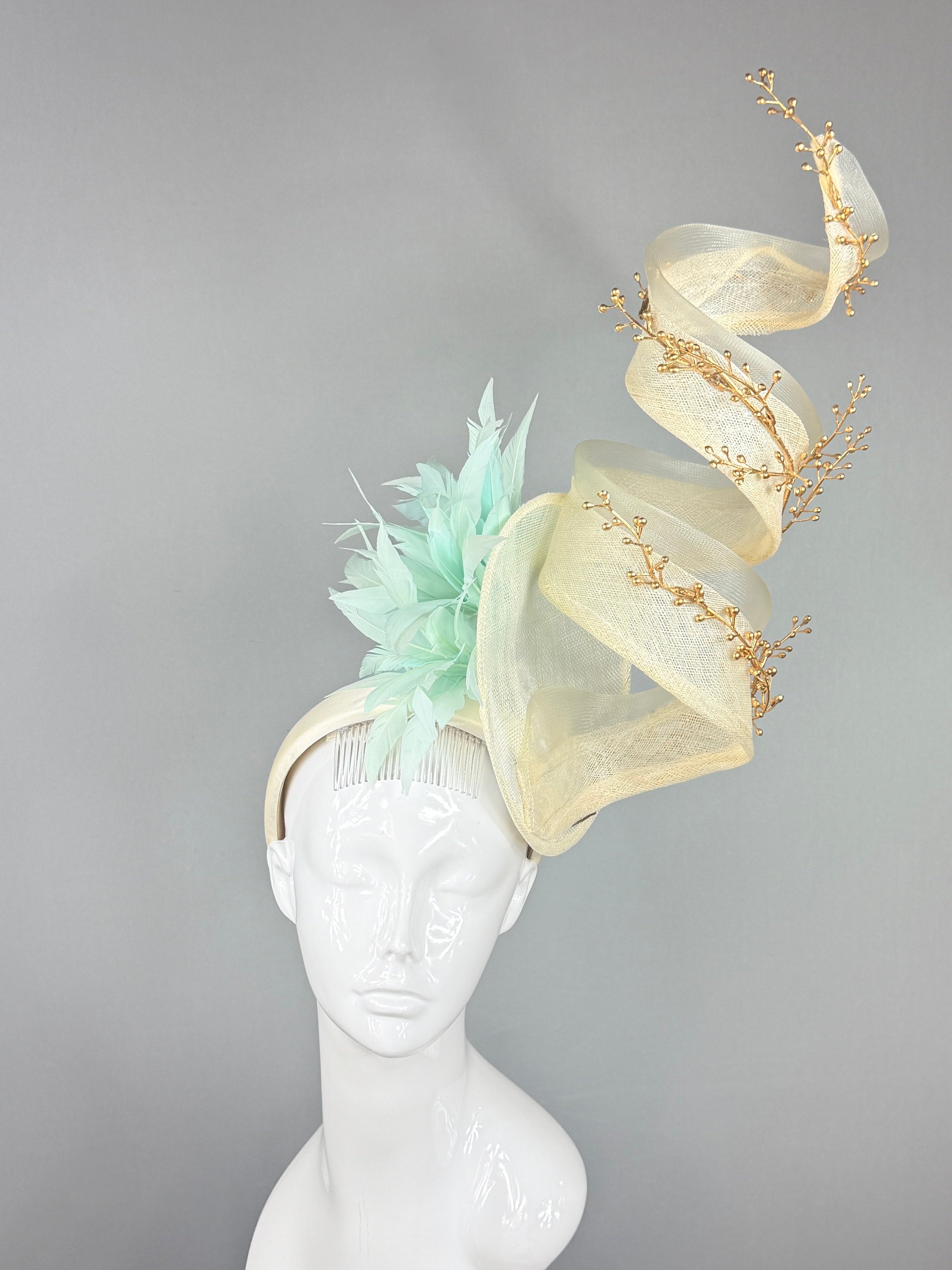 Kentucky Derby Fascinator Hat | Cream, gold, mint Headband Hat | Derbyologie