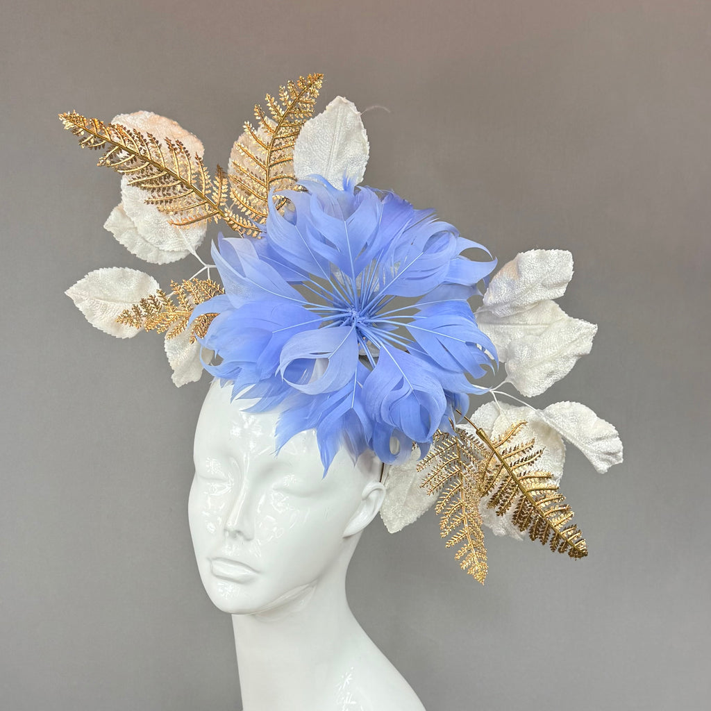 Kentucky Derby Fascinator Hat | Blue and Gold Feather Flower Headpiece | Derbyologie