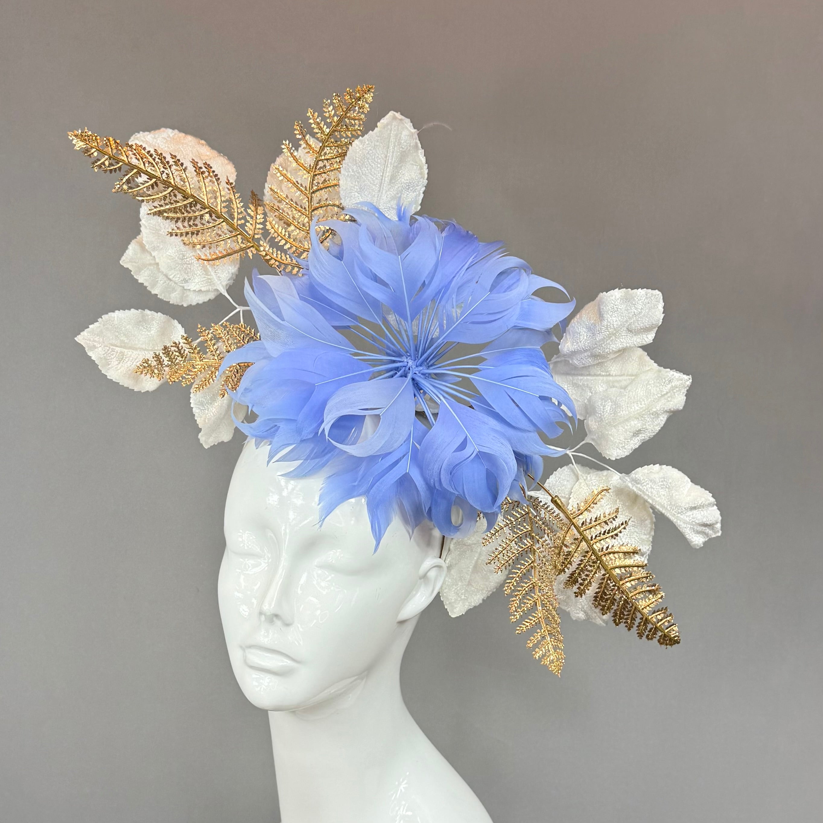 Kentucky Derby Fascinator Hat | Blue and Gold Feather Flower Headpiece | Derbyologie