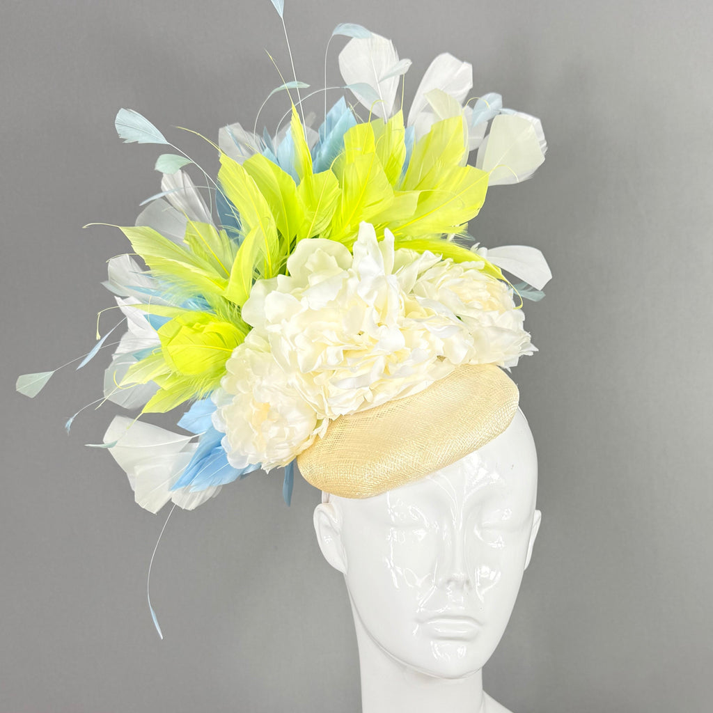 Kentucky Derby Fascinator Hat |White, Lime & Blue Feather Headpiece | Derbyologie