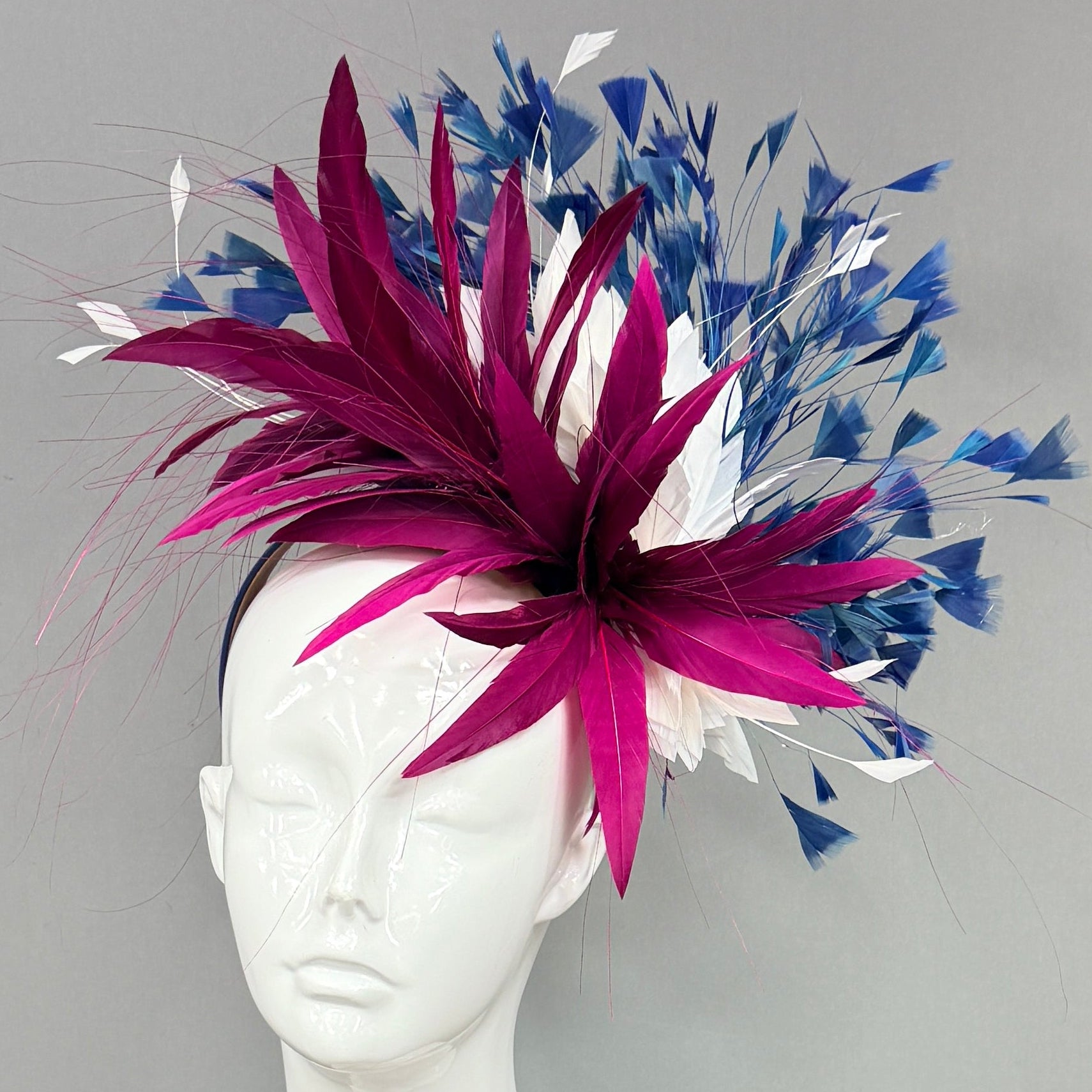 Kentucky Derby Fascinator Hat | Burgundy, white, and blue feathered Headband Hat | Derbyologie