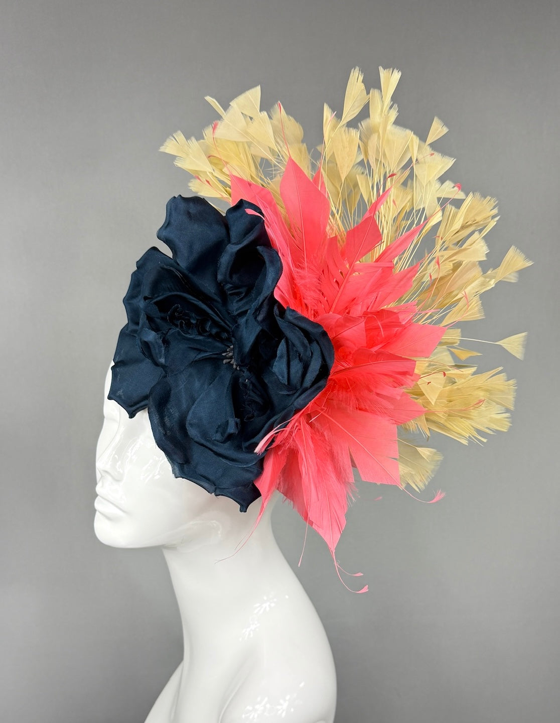 Kentucky Derby Fascinator Hat | Navy silk peony with coral and yellow feathers Headpiece | Derbyologie