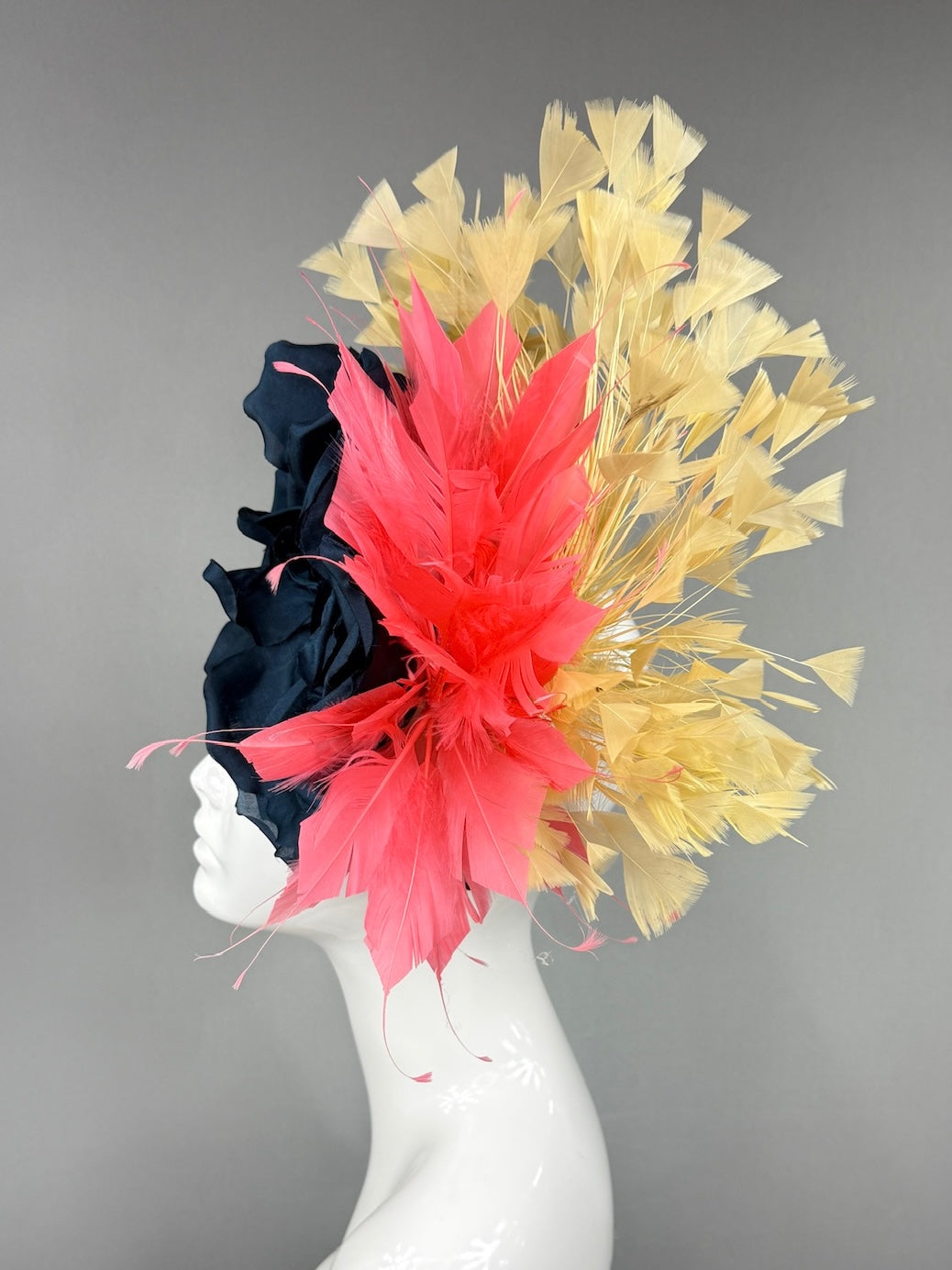 Kentucky Derby Fascinator Hat | Navy silk peony with coral and yellow feathers Headpiece | Derbyologie