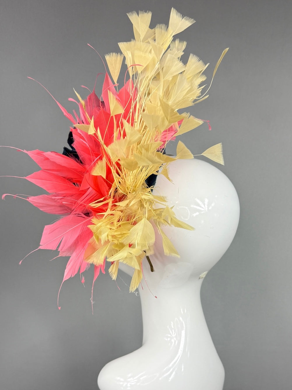 Kentucky Derby Fascinator Hat | Navy silk peony with coral and yellow feathers Headpiece | Derbyologie