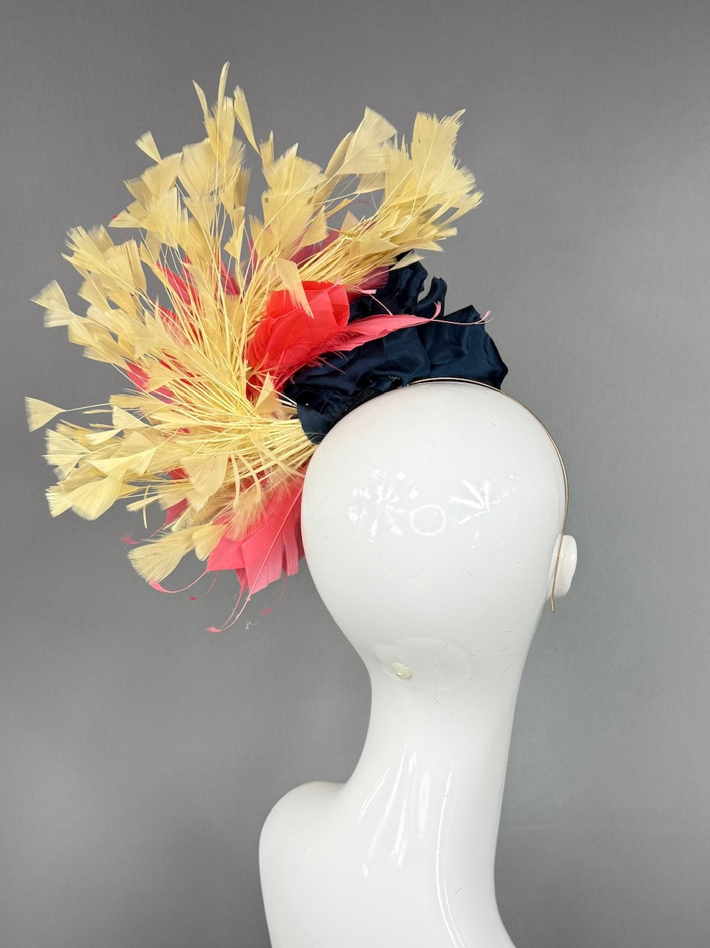 Kentucky Derby Fascinator Hat | Navy silk peony with coral and yellow feathers Headpiece | Derbyologie