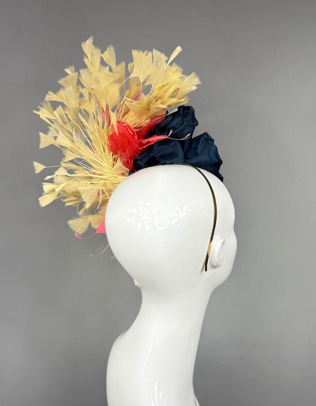 Kentucky Derby Fascinator Hat | Navy silk peony with coral and yellow feathers Headpiece | Derbyologie