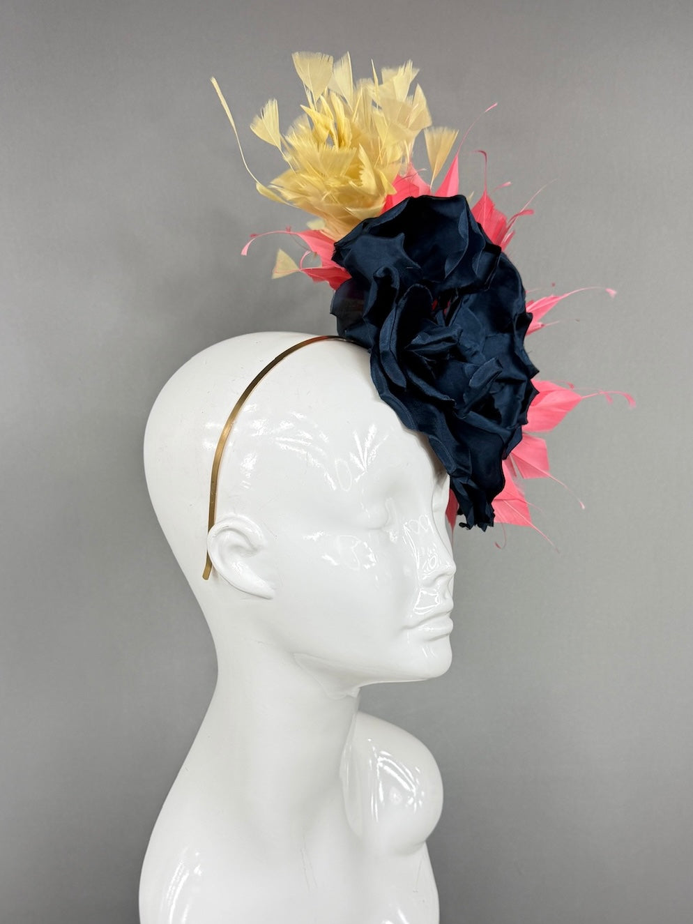 Kentucky Derby Fascinator Hat | Navy silk peony with coral and yellow feathers Headpiece | Derbyologie
