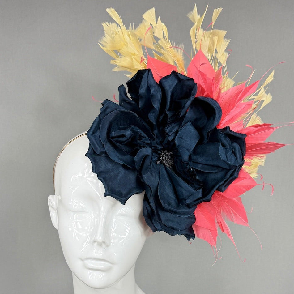 Kentucky Derby Fascinator Hat | Navy silk peony with coral and yellow feathers Headpiece | Derbyologie