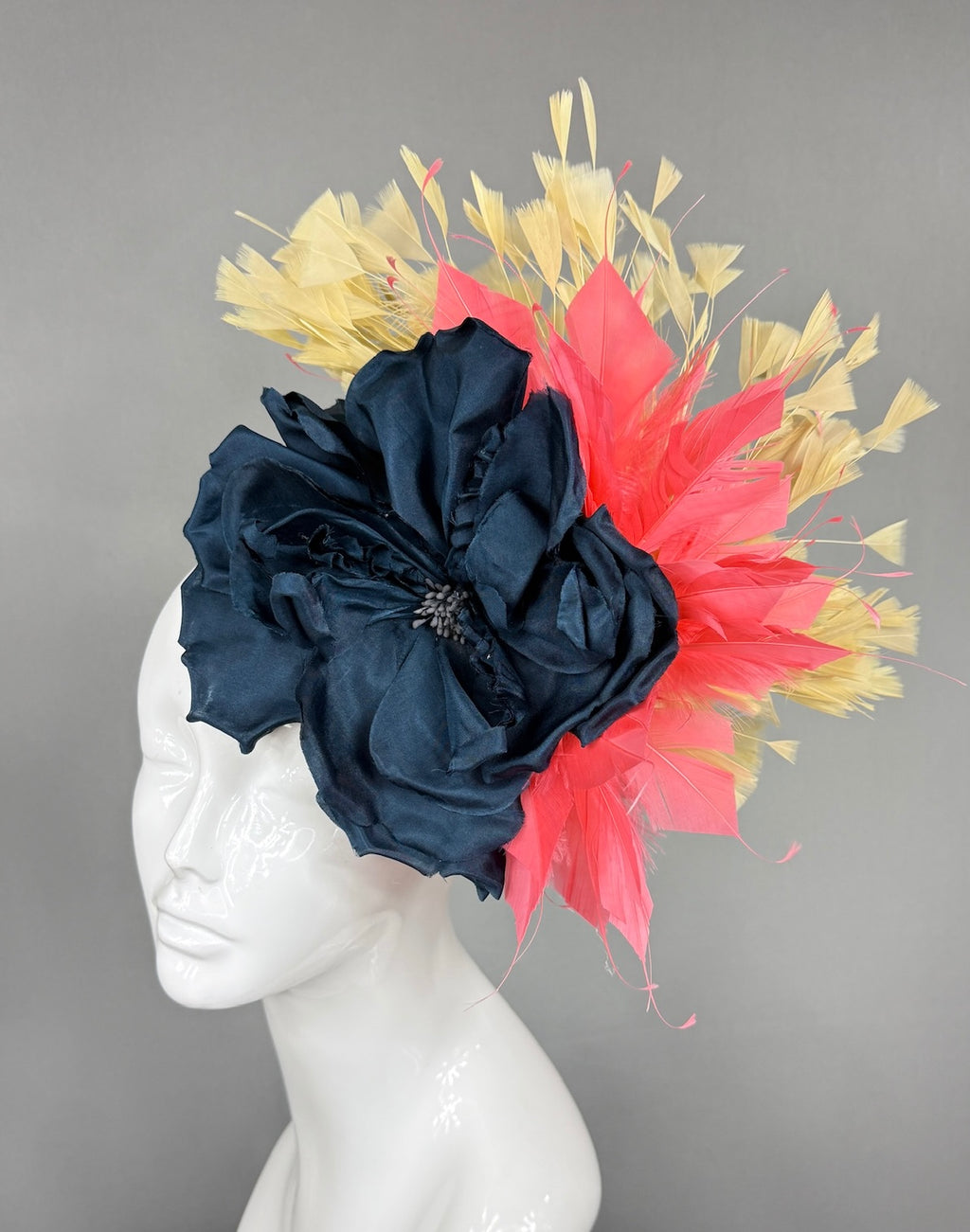 Kentucky Derby Fascinator Hat | Navy silk peony with coral and yellow feathers Headpiece | Derbyologie