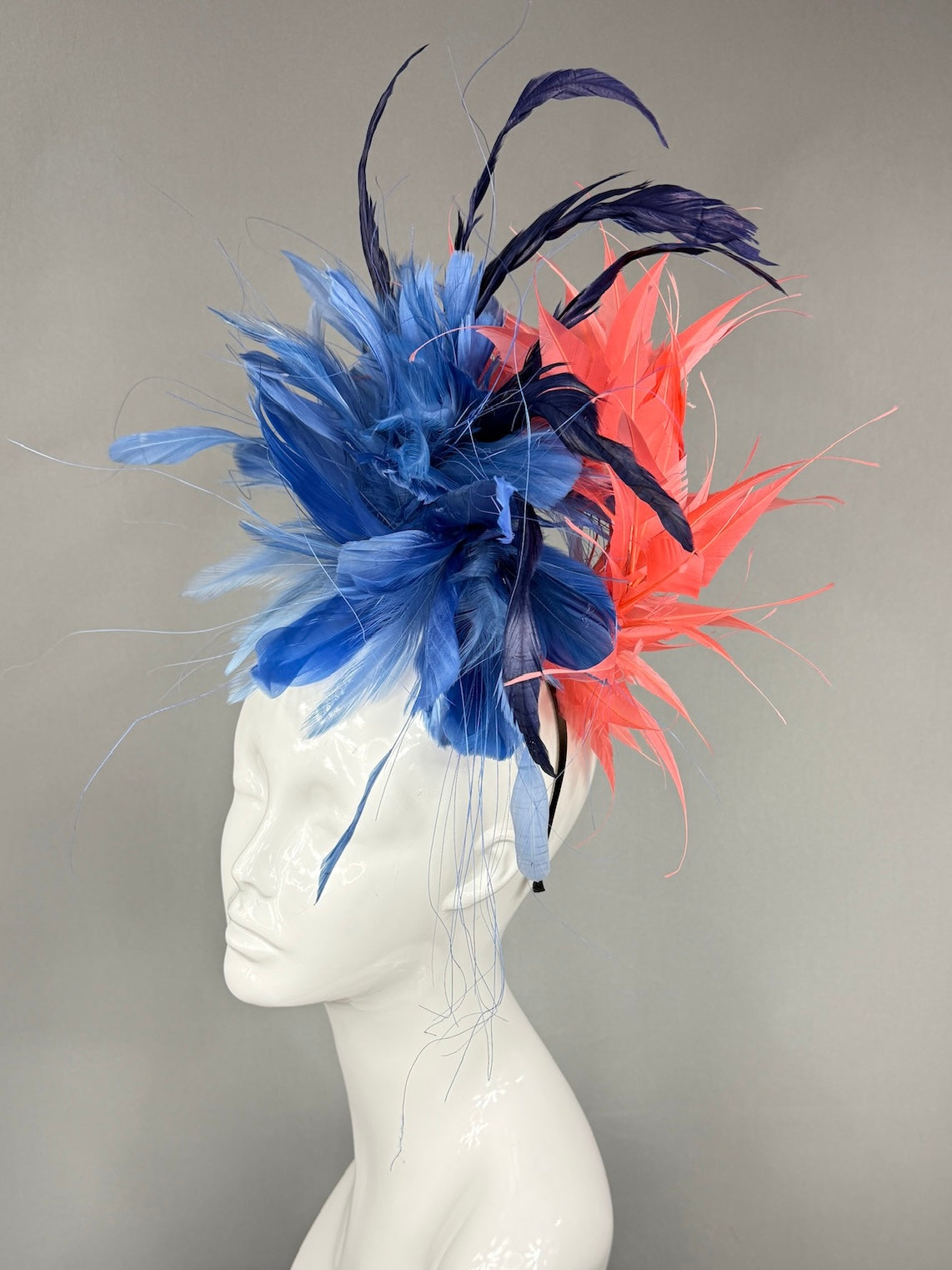 Kentucky Derby Fascinator Hat | Navy and peach feathered Headpiece | Derbyologie