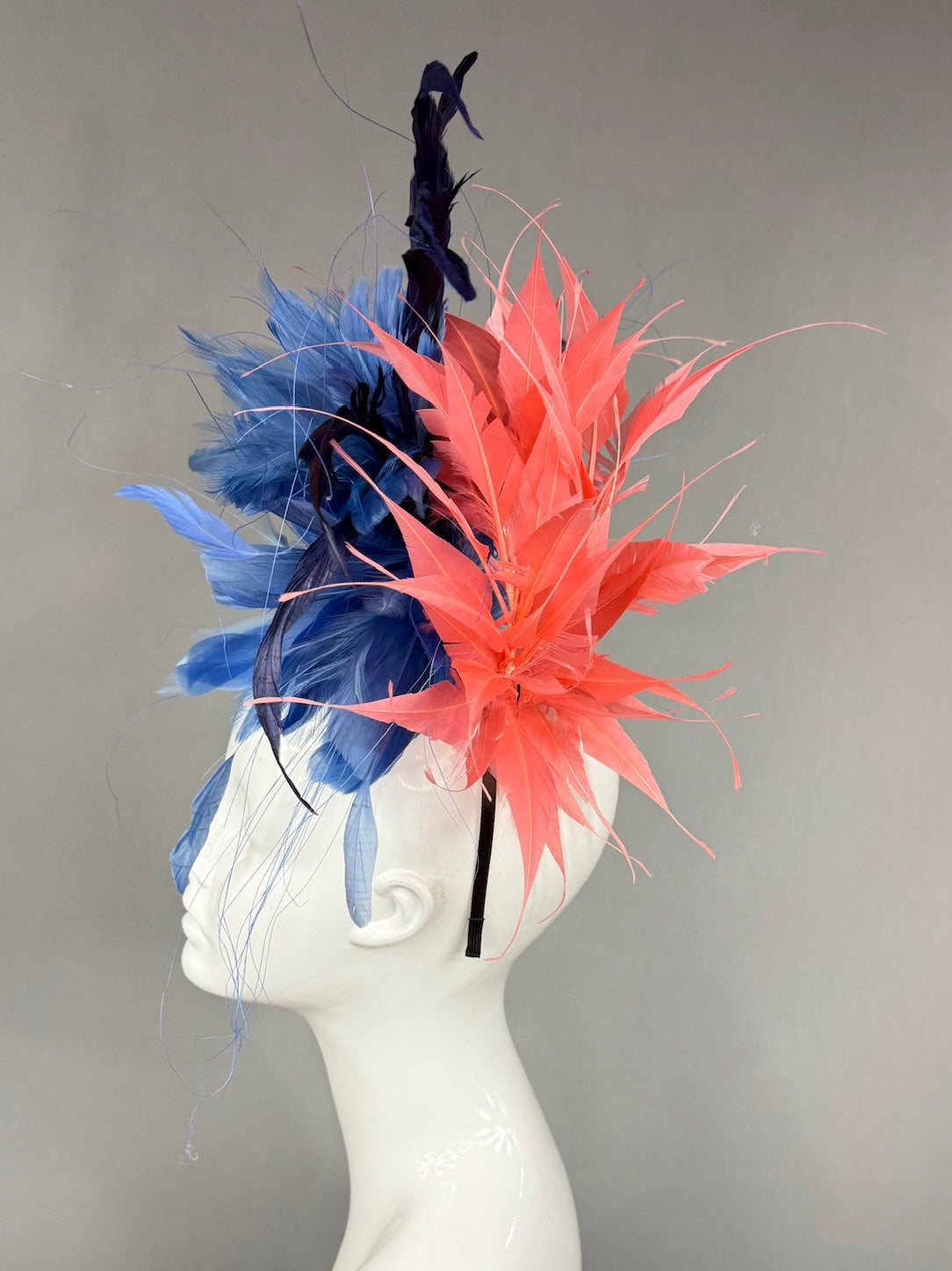 Kentucky Derby Fascinator Hat | Navy and peach feathered Headpiece | Derbyologie