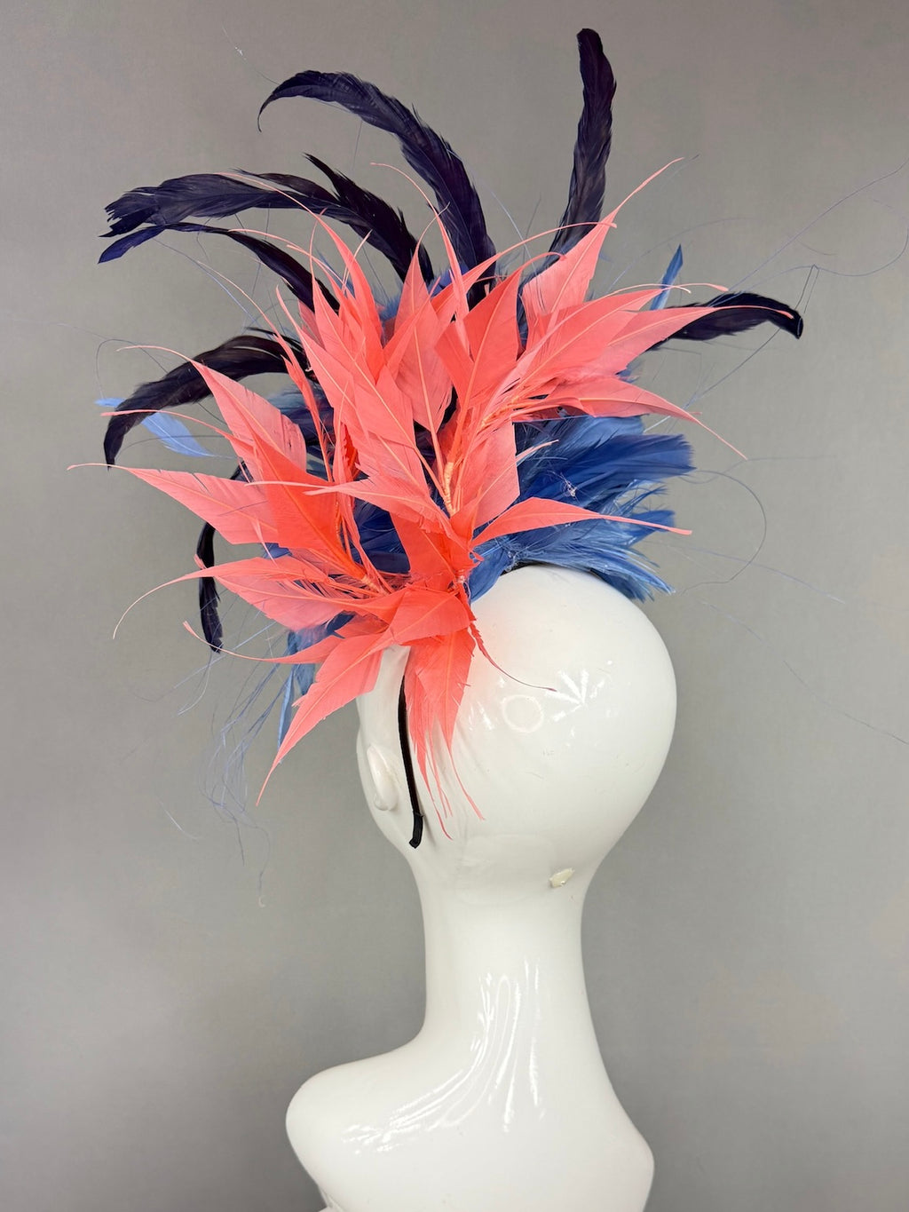 Kentucky Derby Fascinator Hat | Navy and peach feathered Headpiece | Derbyologie