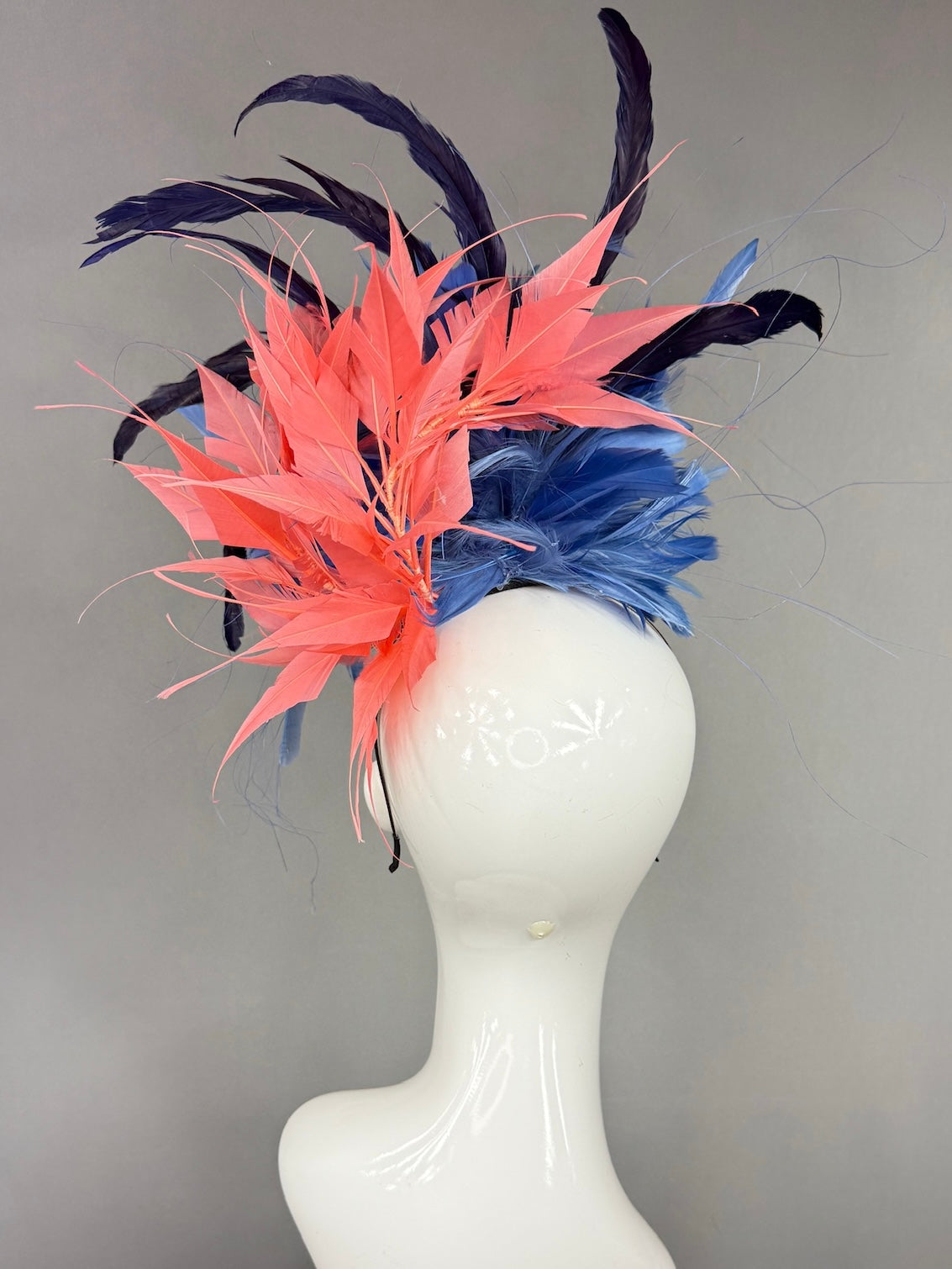 Kentucky Derby Fascinator Hat | Navy and peach feathered Headpiece | Derbyologie