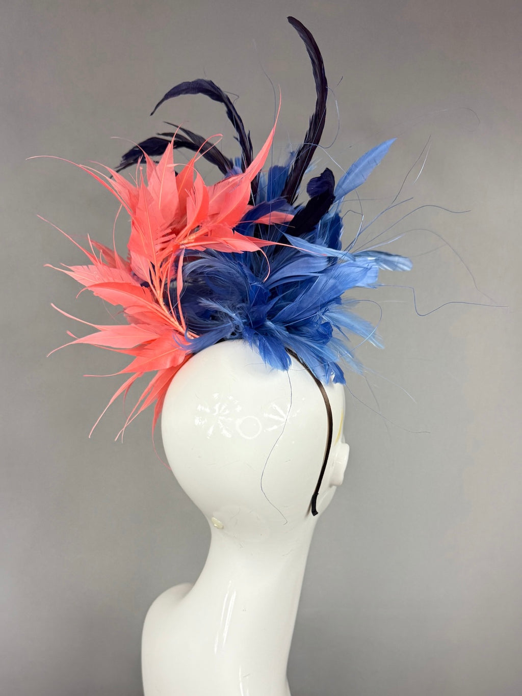 Kentucky Derby Fascinator Hat | Navy and peach feathered Headpiece | Derbyologie