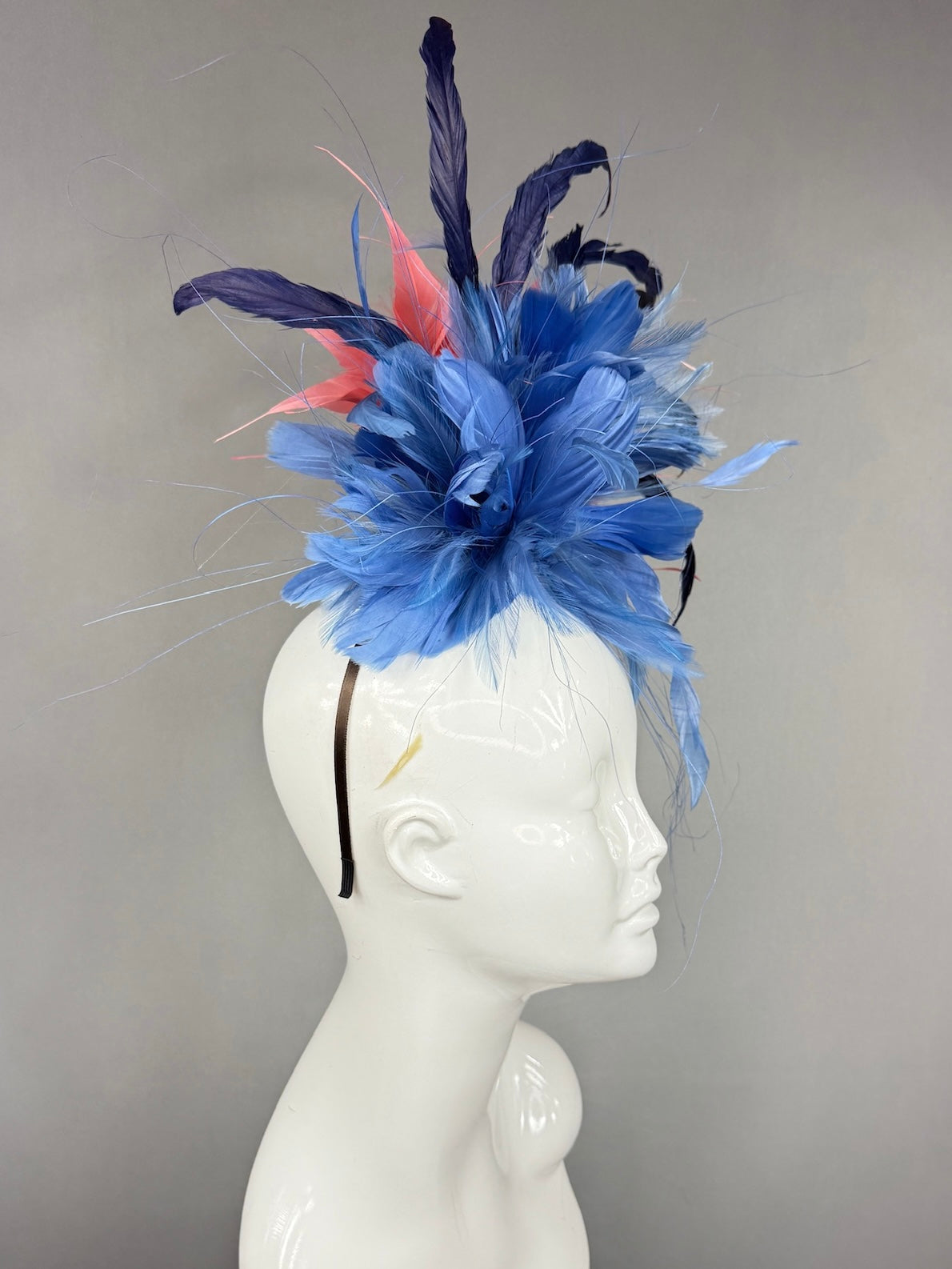 Kentucky Derby Fascinator Hat | Navy and peach feathered Headpiece | Derbyologie