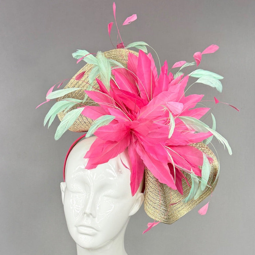 Kentucky Derby Fascinator Hat | Pink and mint green feathers Headpiece | Derbyologie