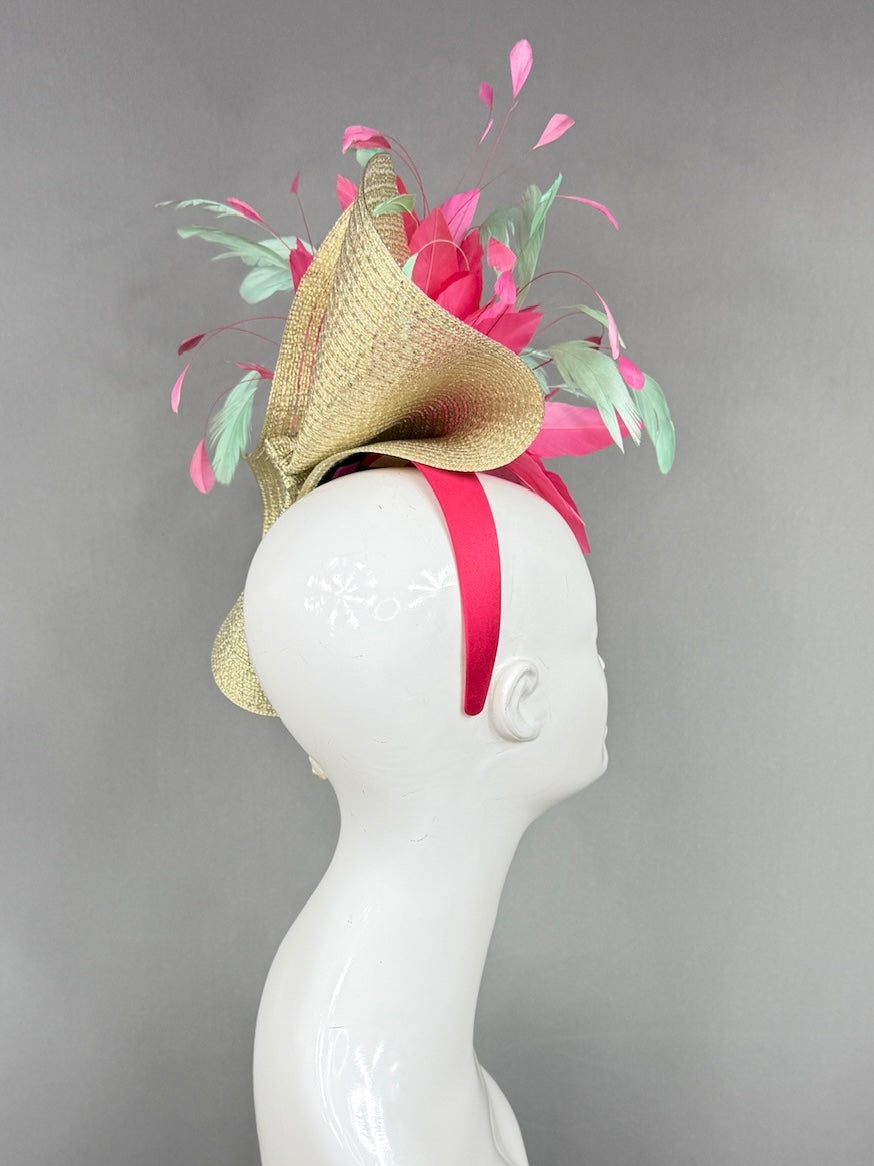 Kentucky Derby Fascinator Hat | Pink and mint green feathers Headpiece | Derbyologie