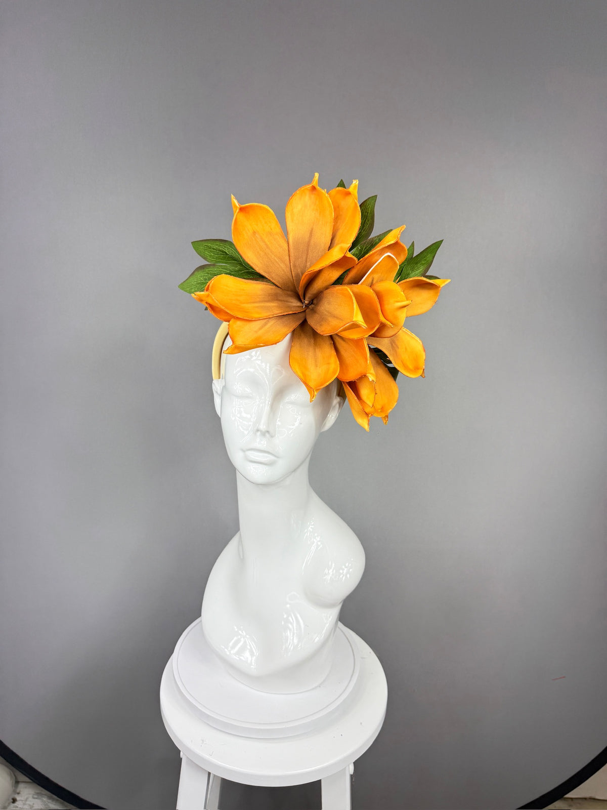 Kentucky Derby Fascinator Hat | Oversized orange magnolia Headpiece | Derbyologie