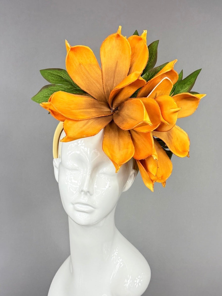 Kentucky Derby Fascinator Hat | Oversized orange magnolia Headpiece | Derbyologie