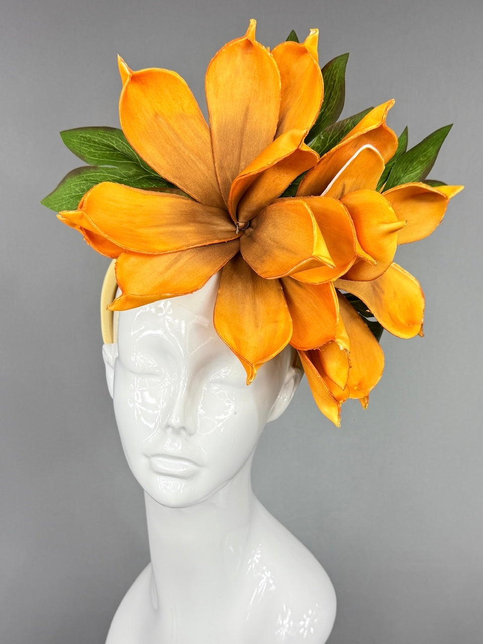 Kentucky Derby Fascinator Hat | Oversized orange magnolia Headpiece | Derbyologie