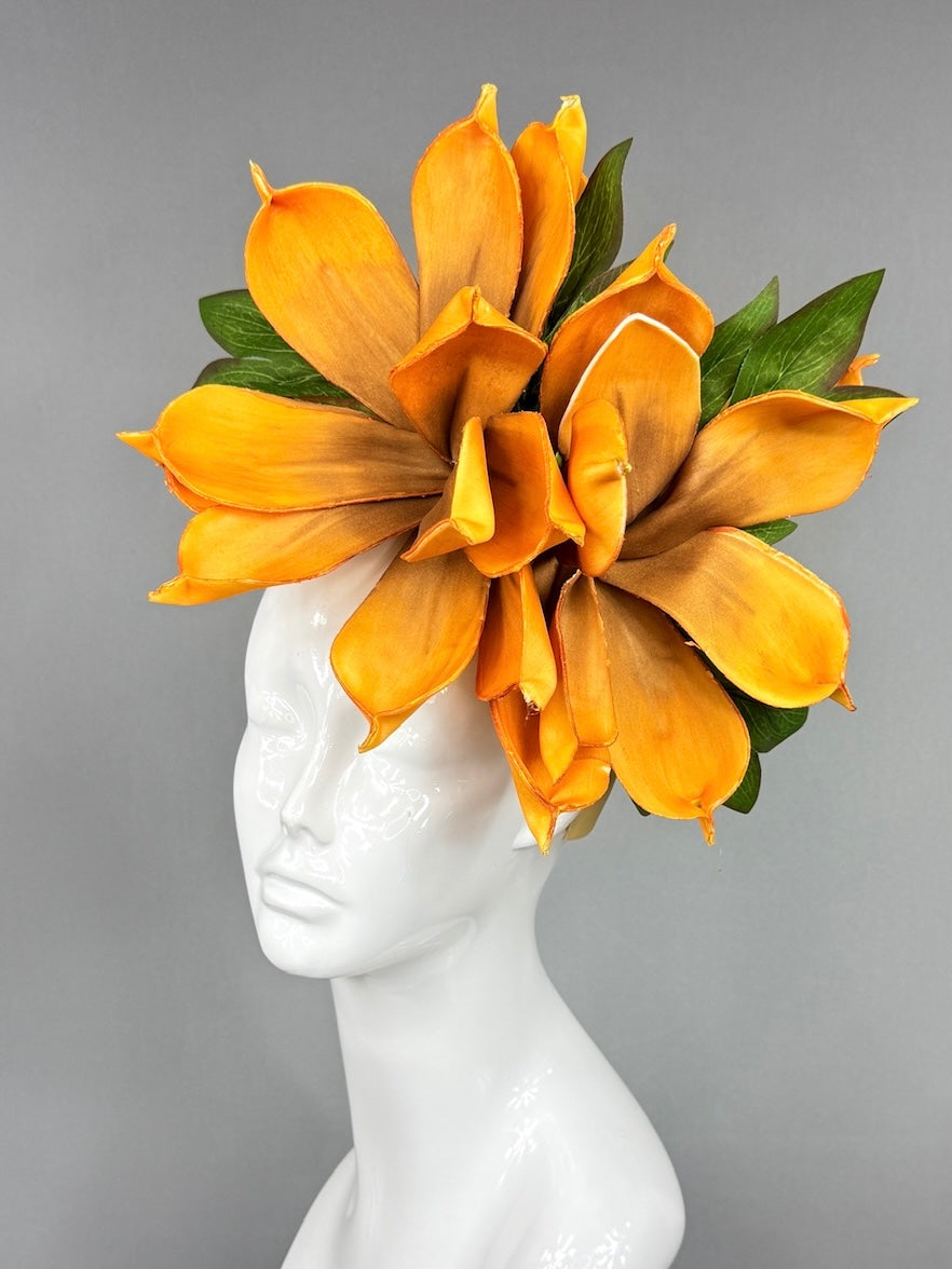 Kentucky Derby Fascinator Hat | Oversized orange magnolia Headpiece | Derbyologie