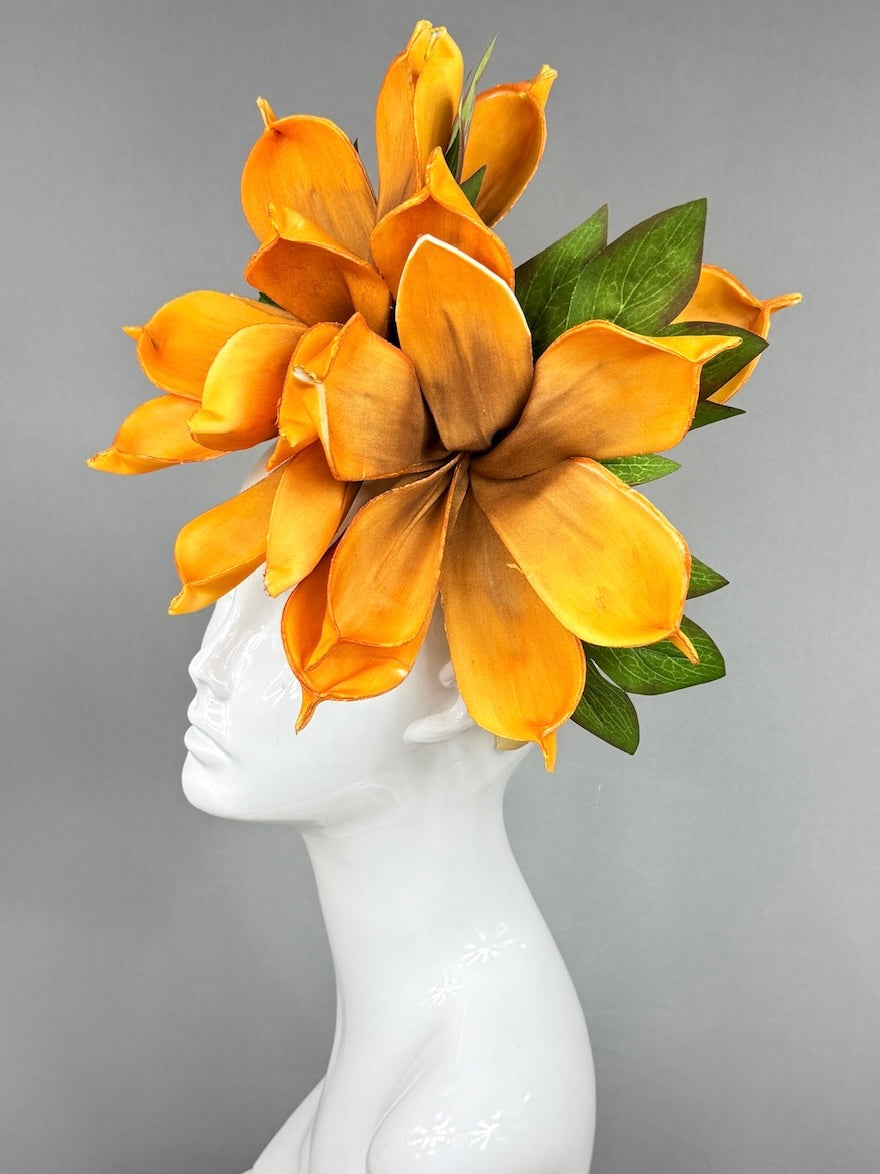 Kentucky Derby Fascinator Hat | Oversized orange magnolia Headpiece | Derbyologie