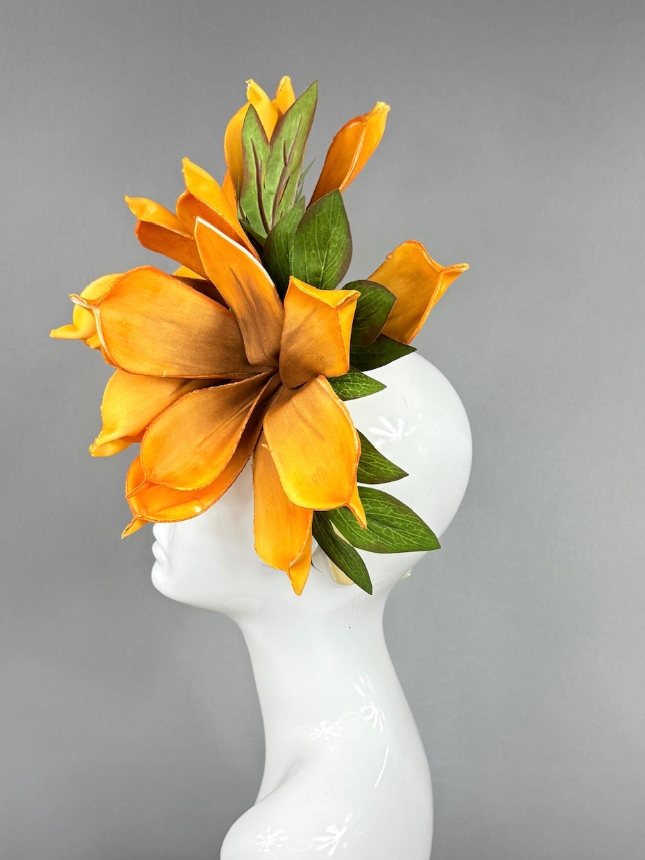 Kentucky Derby Fascinator Hat | Oversized orange magnolia Headpiece | Derbyologie
