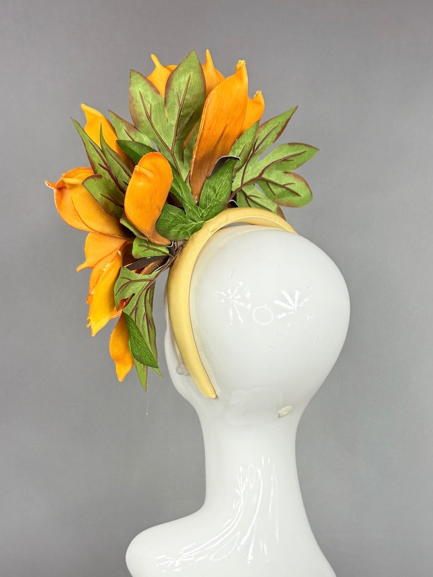 Kentucky Derby Fascinator Hat | Oversized orange magnolia Headpiece | Derbyologie