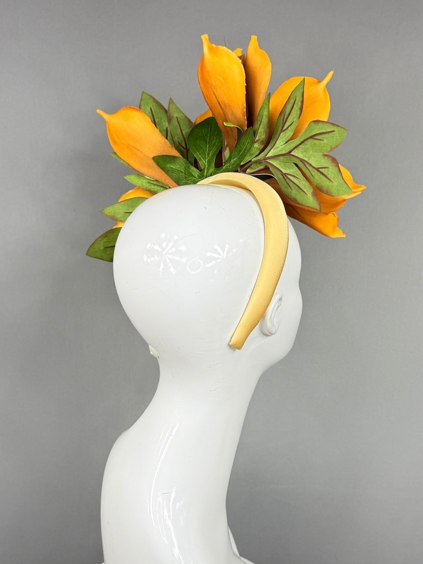 Kentucky Derby Fascinator Hat | Oversized orange magnolia Headpiece | Derbyologie