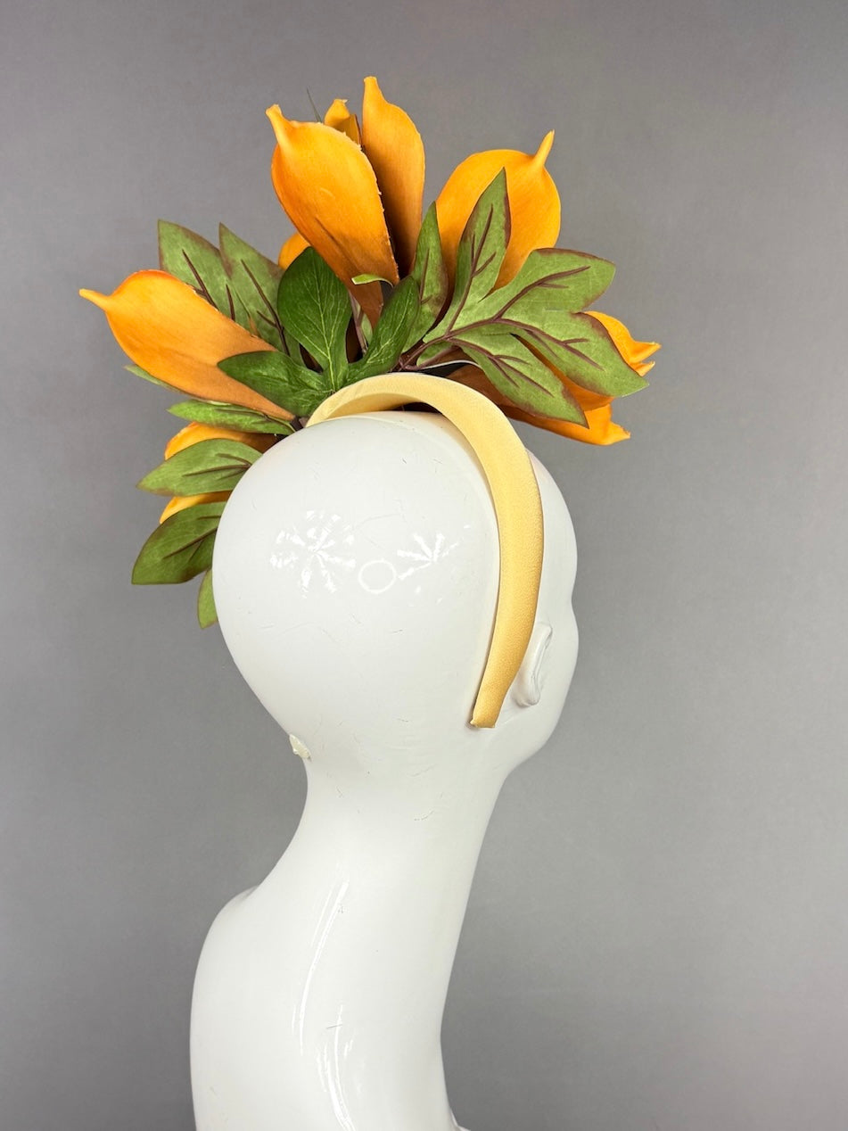 Kentucky Derby Fascinator Hat | Oversized orange magnolia Headpiece | Derbyologie