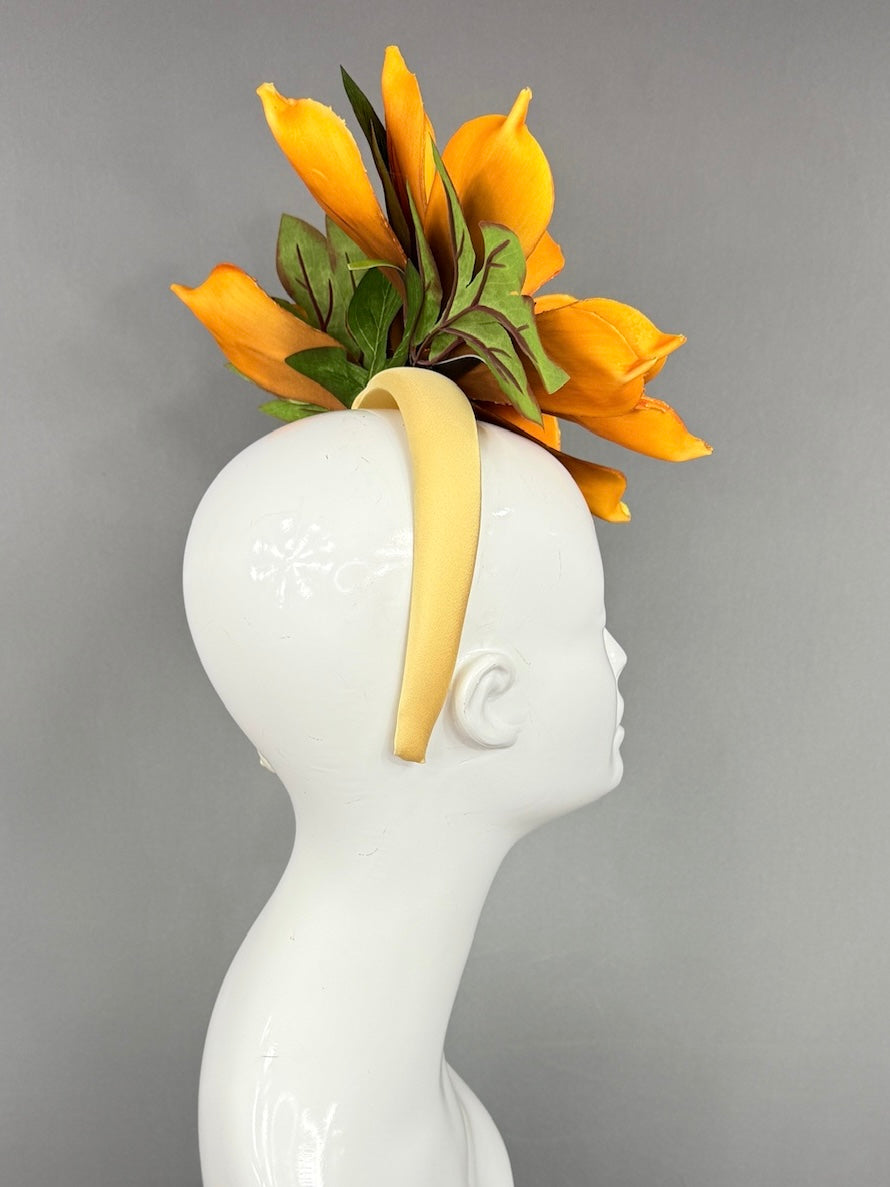 Kentucky Derby Fascinator Hat | Oversized orange magnolia Headpiece | Derbyologie
