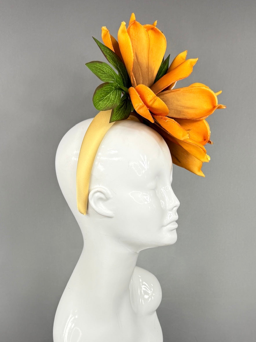 Kentucky Derby Fascinator Hat | Oversized orange magnolia Headpiece | Derbyologie