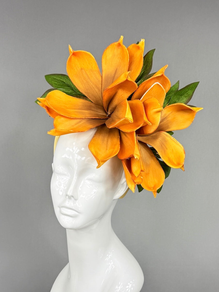 Kentucky Derby Fascinator Hat | Oversized orange magnolia Headpiece | Derbyologie