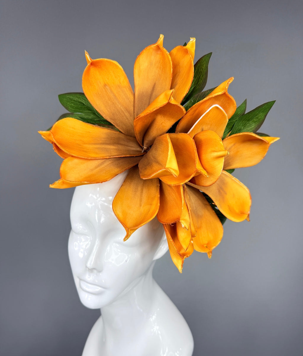 Kentucky Derby Fascinator Hat | Oversized orange magnolia Headpiece | Derbyologie