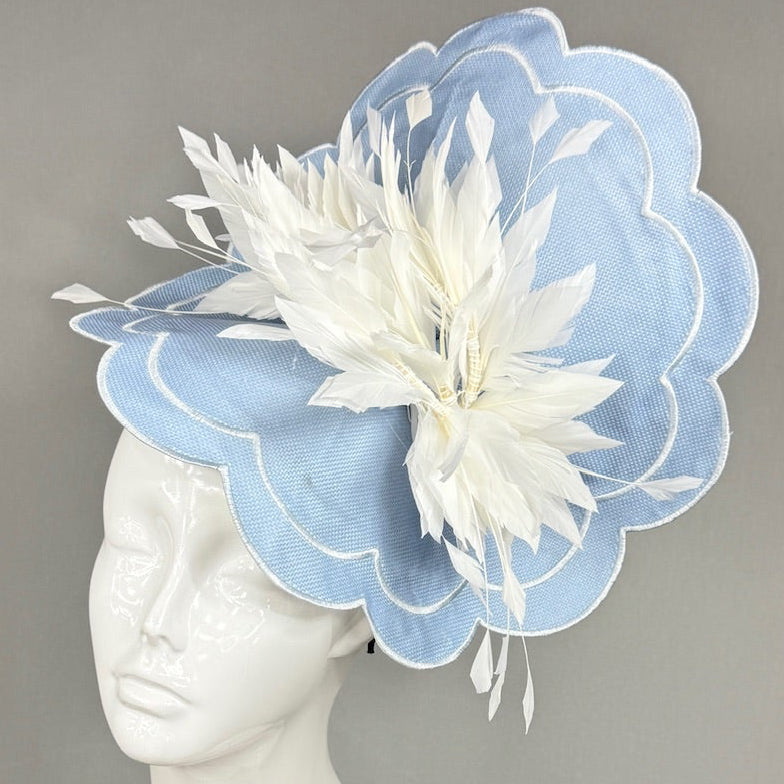 Kentucky Derby Fascinator Hat | White feathers on blue mat base Headpiece | Derbyologie
