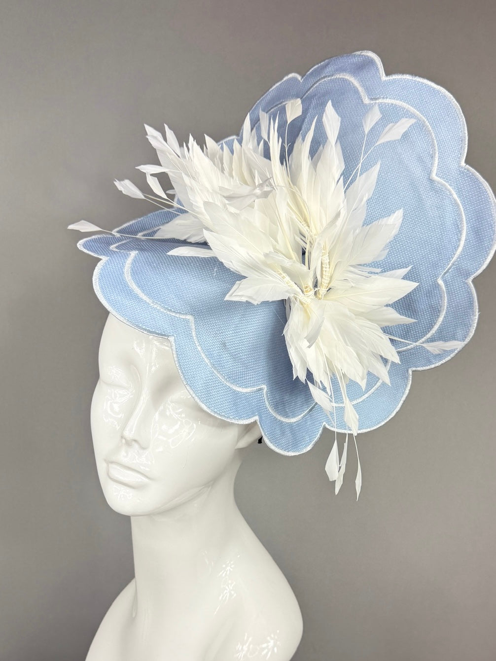 Kentucky Derby Fascinator Hat | White feathers on blue mat base Headpiece | Derbyologie