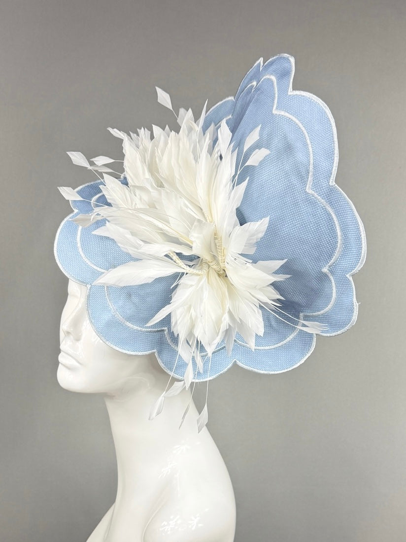 Kentucky Derby Fascinator Hat | White feathers on blue mat base Headpiece | Derbyologie