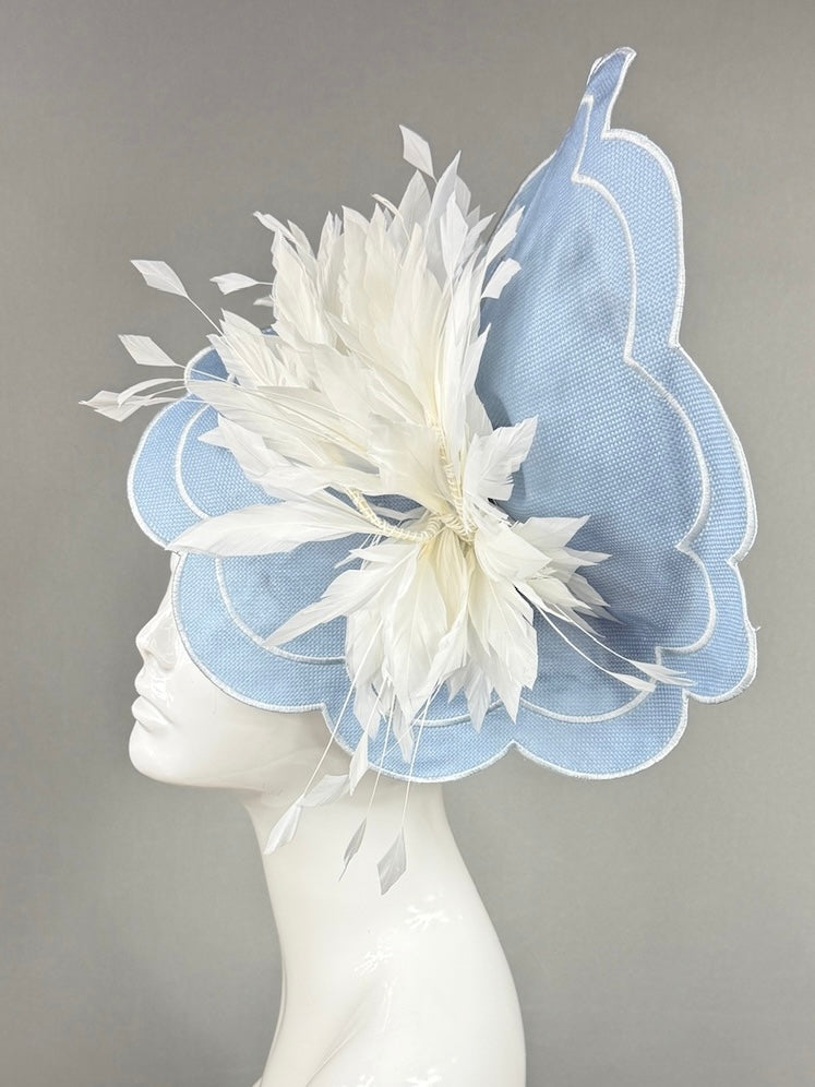 Kentucky Derby Fascinator Hat | White feathers on blue mat base Headpiece | Derbyologie