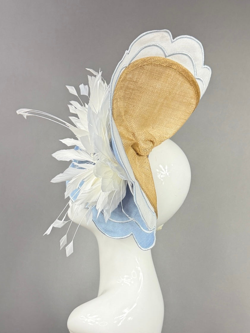 Kentucky Derby Fascinator Hat | White feathers on blue mat base Headpiece | Derbyologie